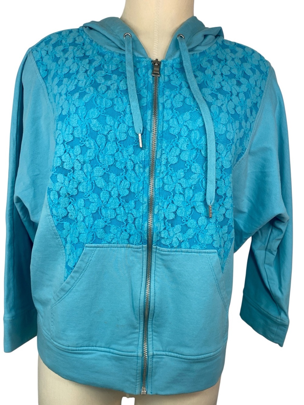 Ruby Rd Turquoise Lace-Front Zip Hoodie - Women's Lightweight Sweatshirt Medium